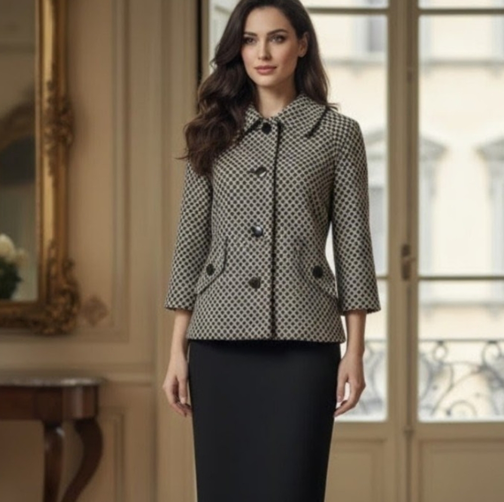 Tweed Geometric Print 3/4 Sleeve Classic Blazer